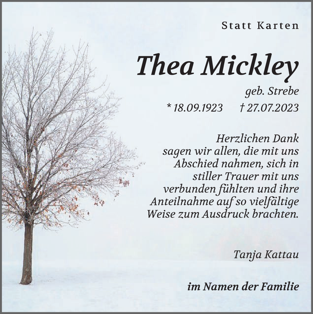 Traueranzeige von Thea Mickley von Osterholzer Kreisblatt