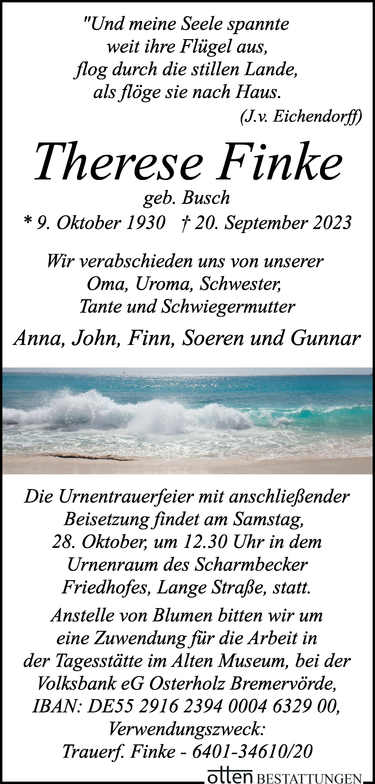 Traueranzeige von Therese Finke von Osterholzer Kreisblatt