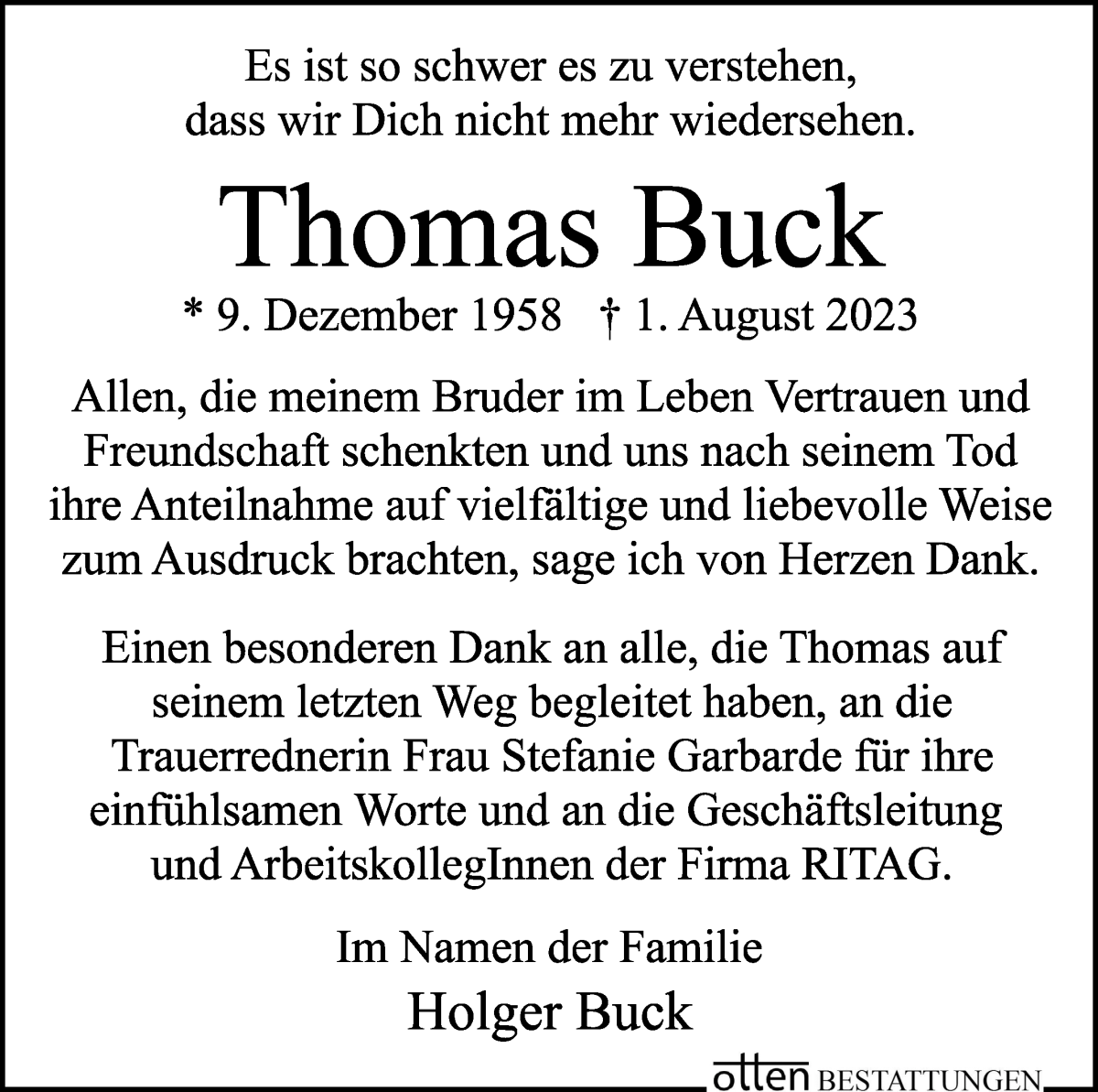 Traueranzeige von Thomas Buck von Osterholzer Kreisblatt