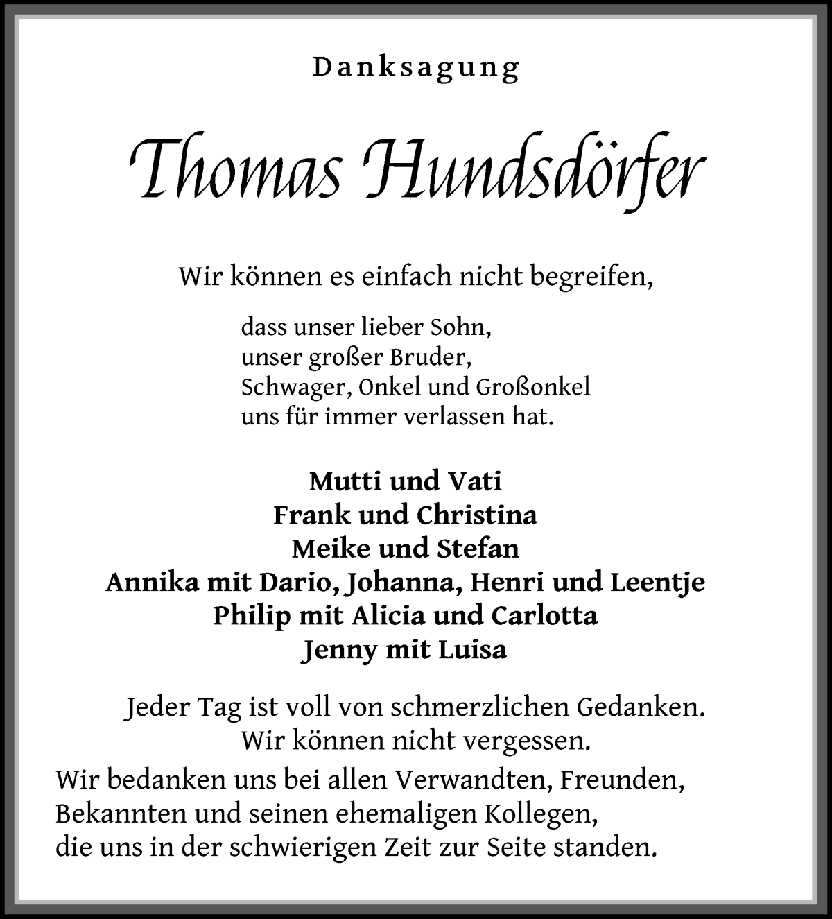 Traueranzeige von Thomas Hundsdörfer von WESER-KURIER