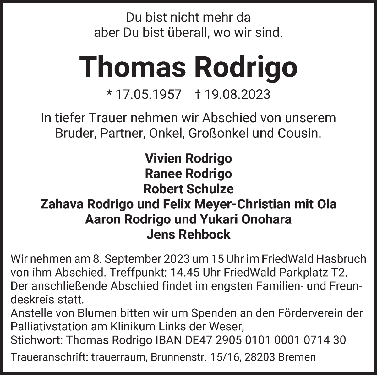 Traueranzeige von Thomas Rodrigo von WESER-KURIER