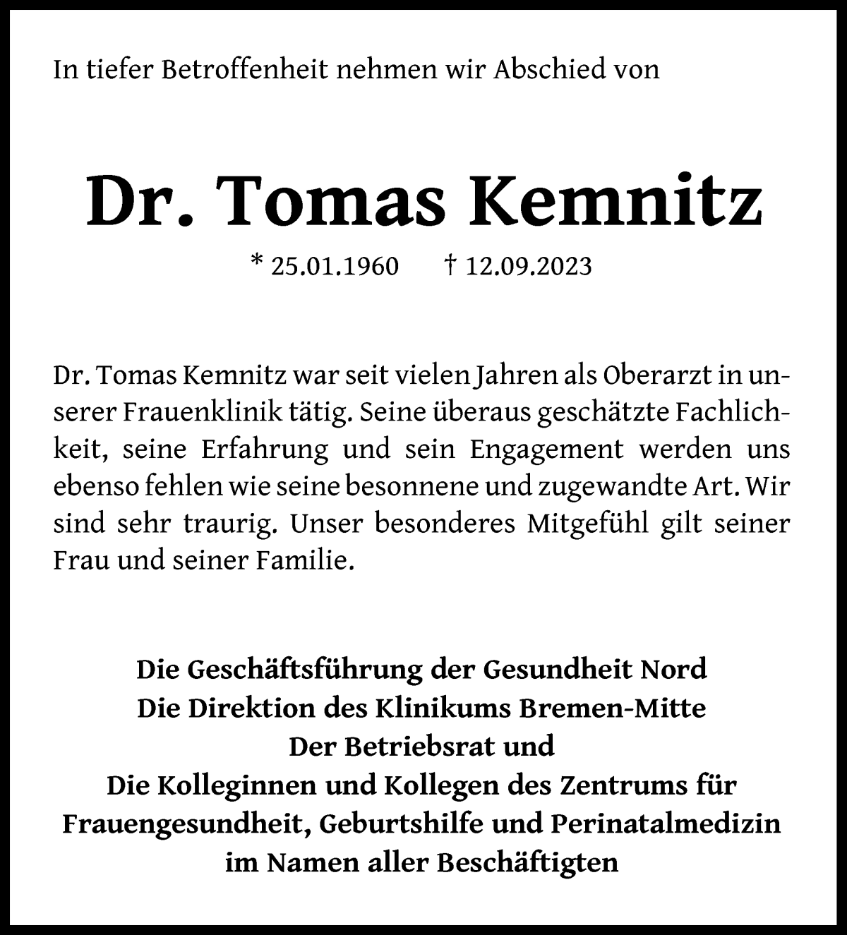 Traueranzeige von Tomas Kemnitz von WESER-KURIER