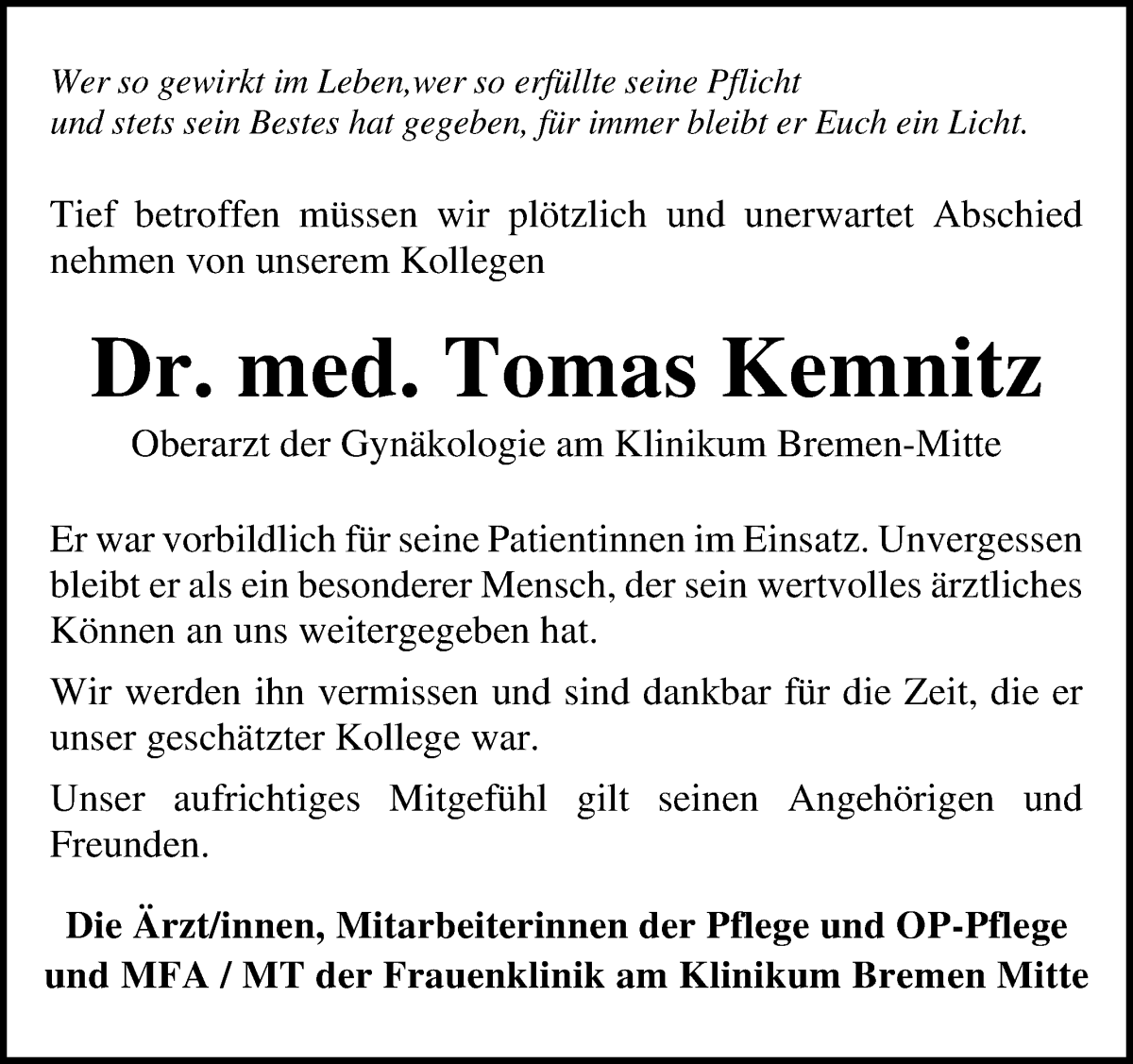 Traueranzeige von Tomas Kemnitz von WESER-KURIER
