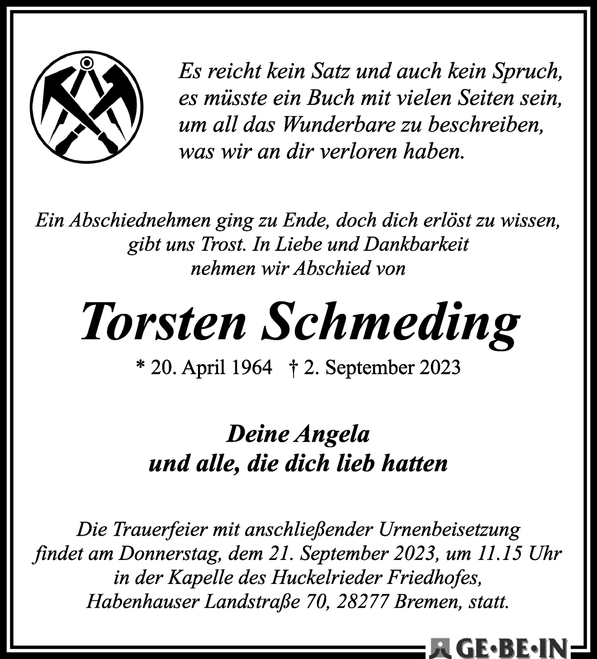 Traueranzeige von Torsten Schmeding von WESER-KURIER