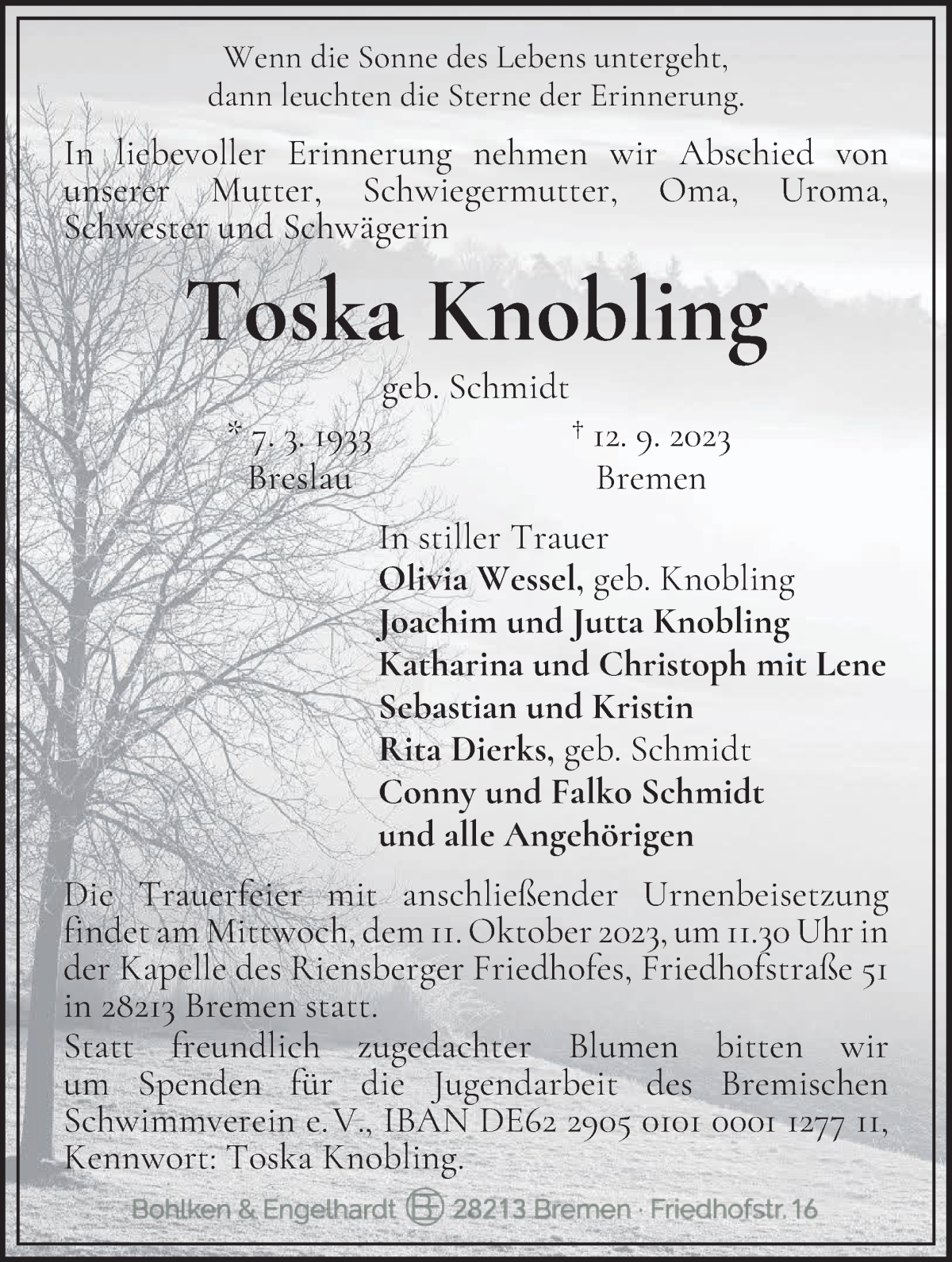 Traueranzeige von Toska Knobling von WESER-KURIER