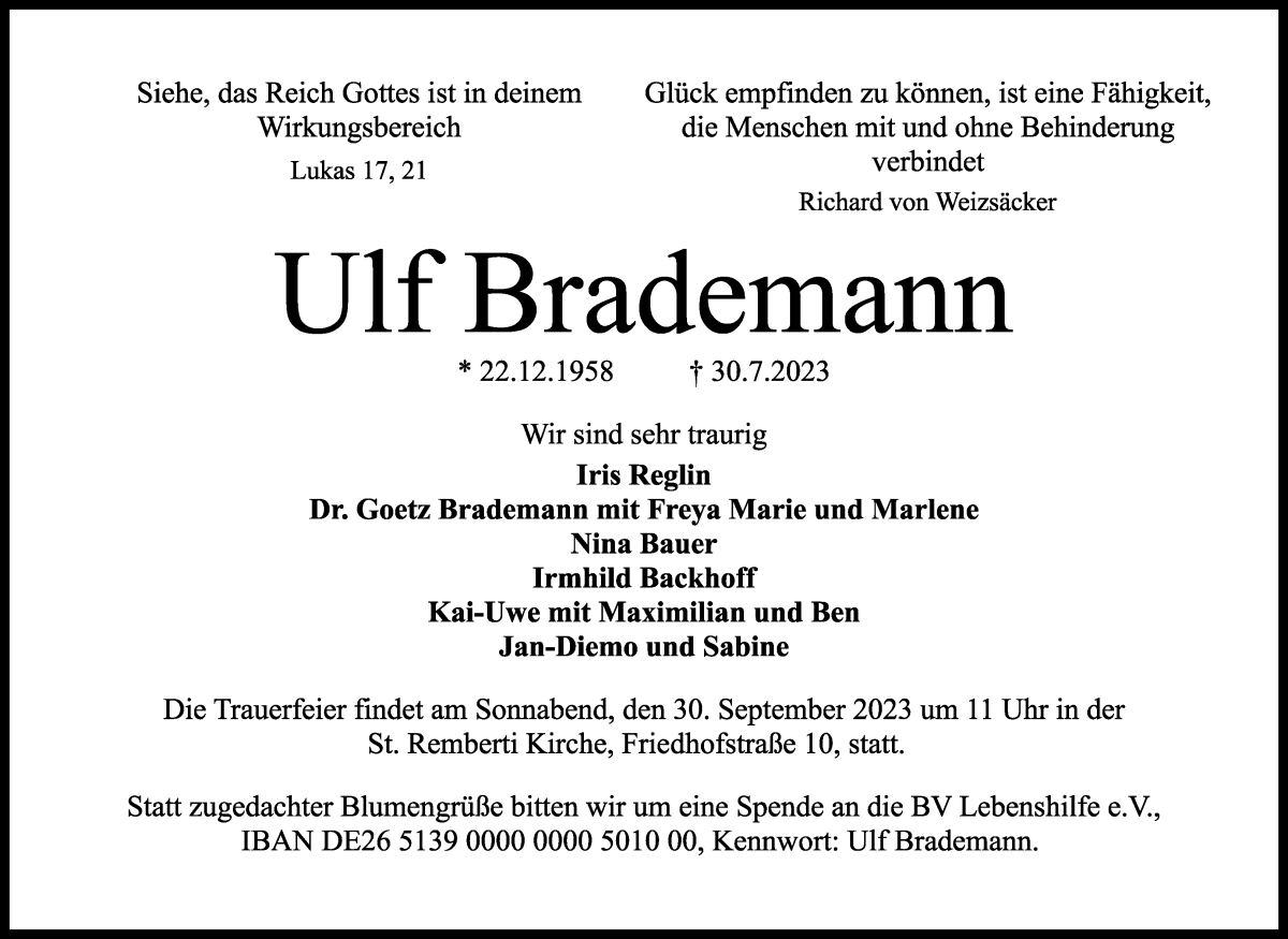 Traueranzeige von Ulf Brademann von WESER-KURIER