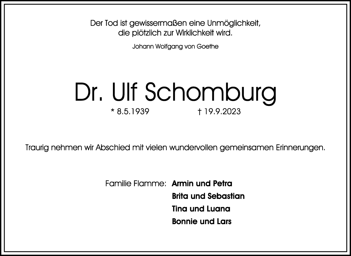 Traueranzeige von Ulf Schomburg von WESER-KURIER