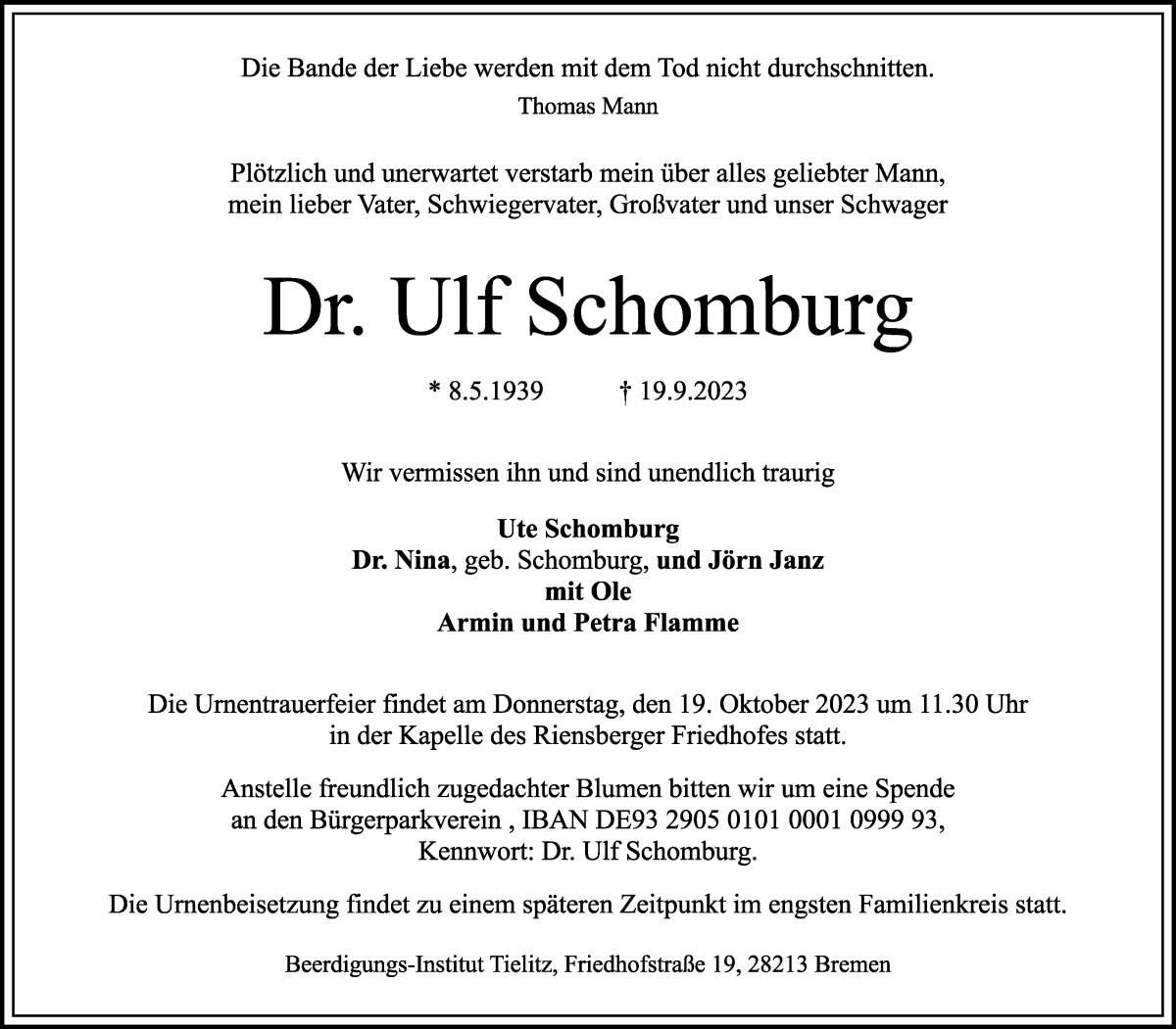 Traueranzeige von Ulf Schomburg von WESER-KURIER