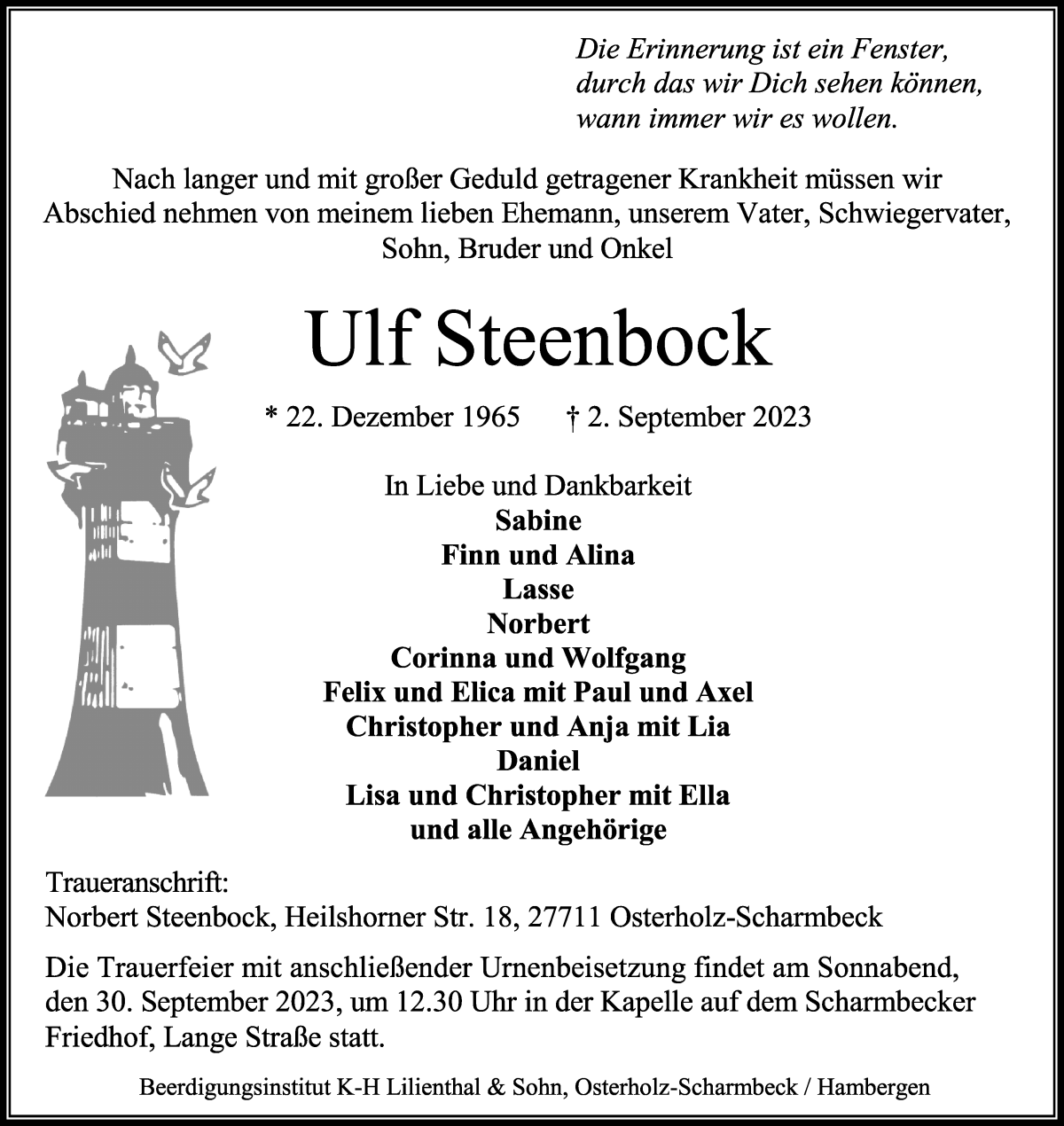 Traueranzeige von Ulf Steenbock von Osterholzer Kreisblatt