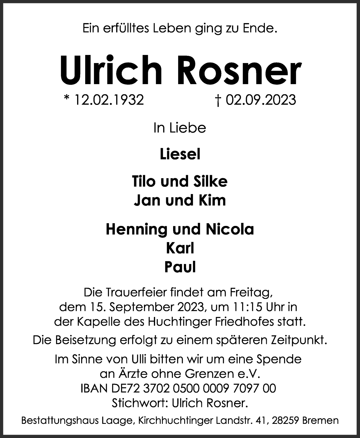 Traueranzeige von Ulrich Rosner von WESER-KURIER