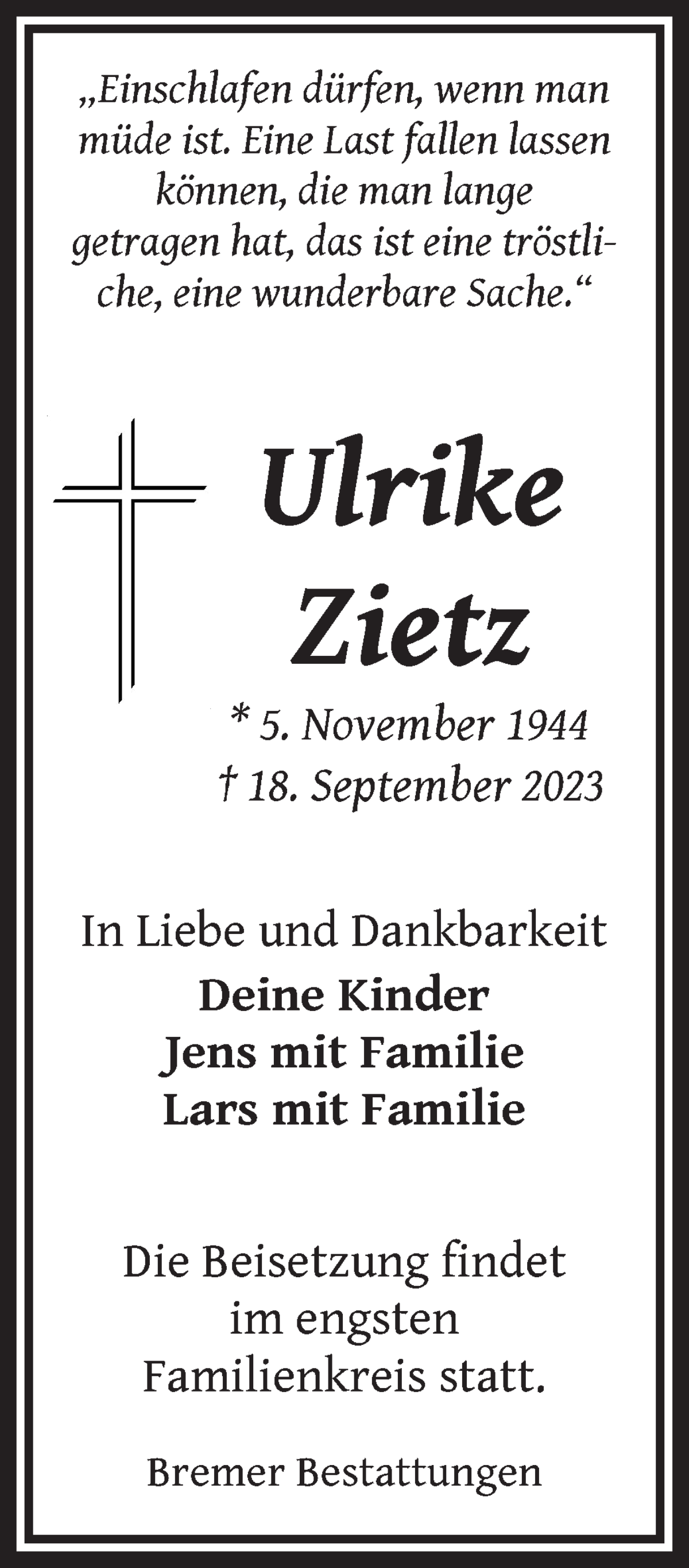 Traueranzeige von Ulrike Zietz von WESER-KURIER