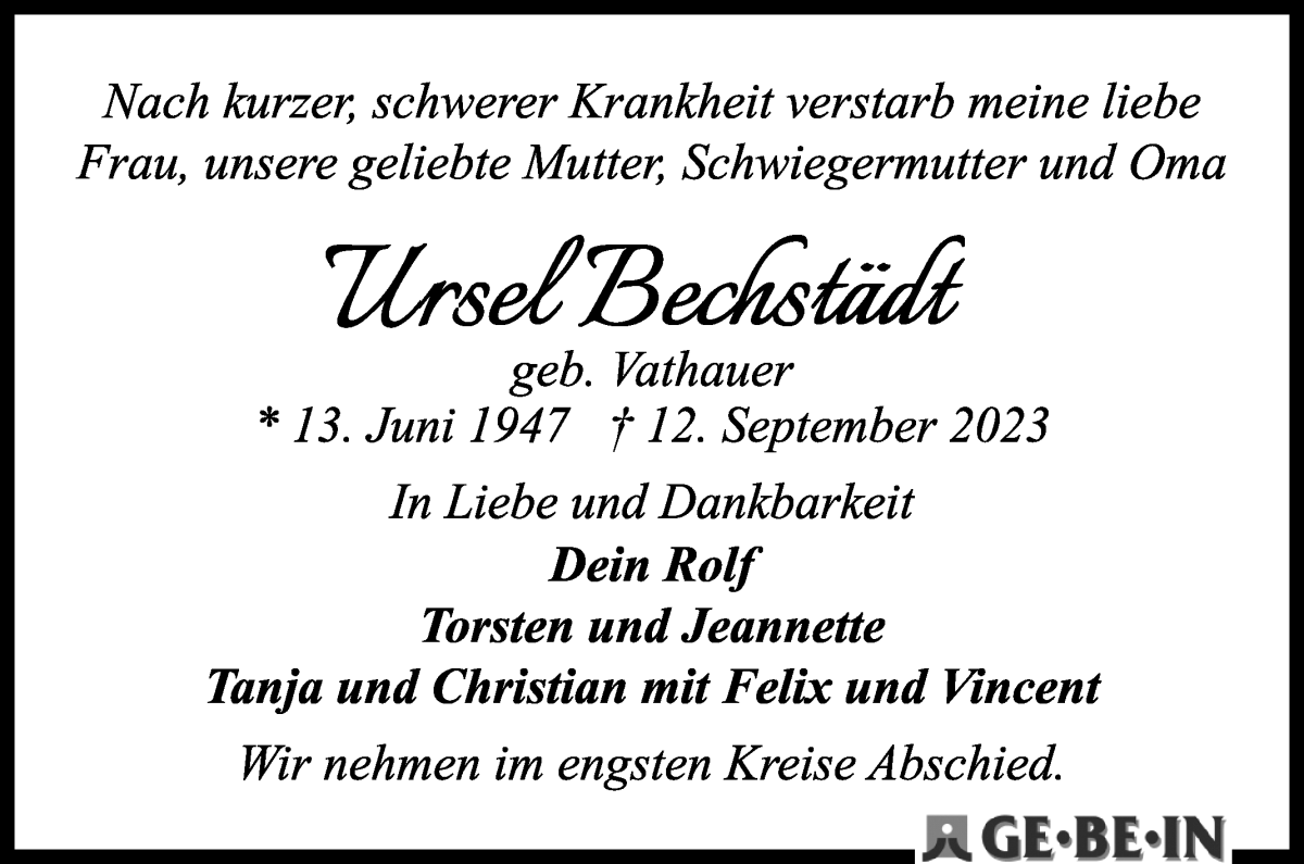 Traueranzeige von Ursula Bechstädt von WESER-KURIER