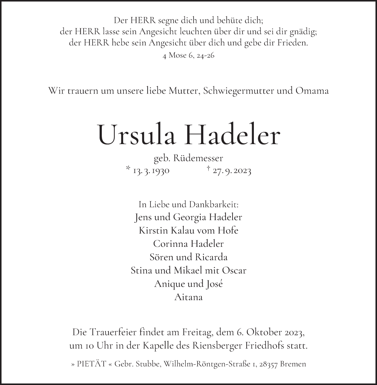 Traueranzeige von ursula Hadeler von WESER-KURIER