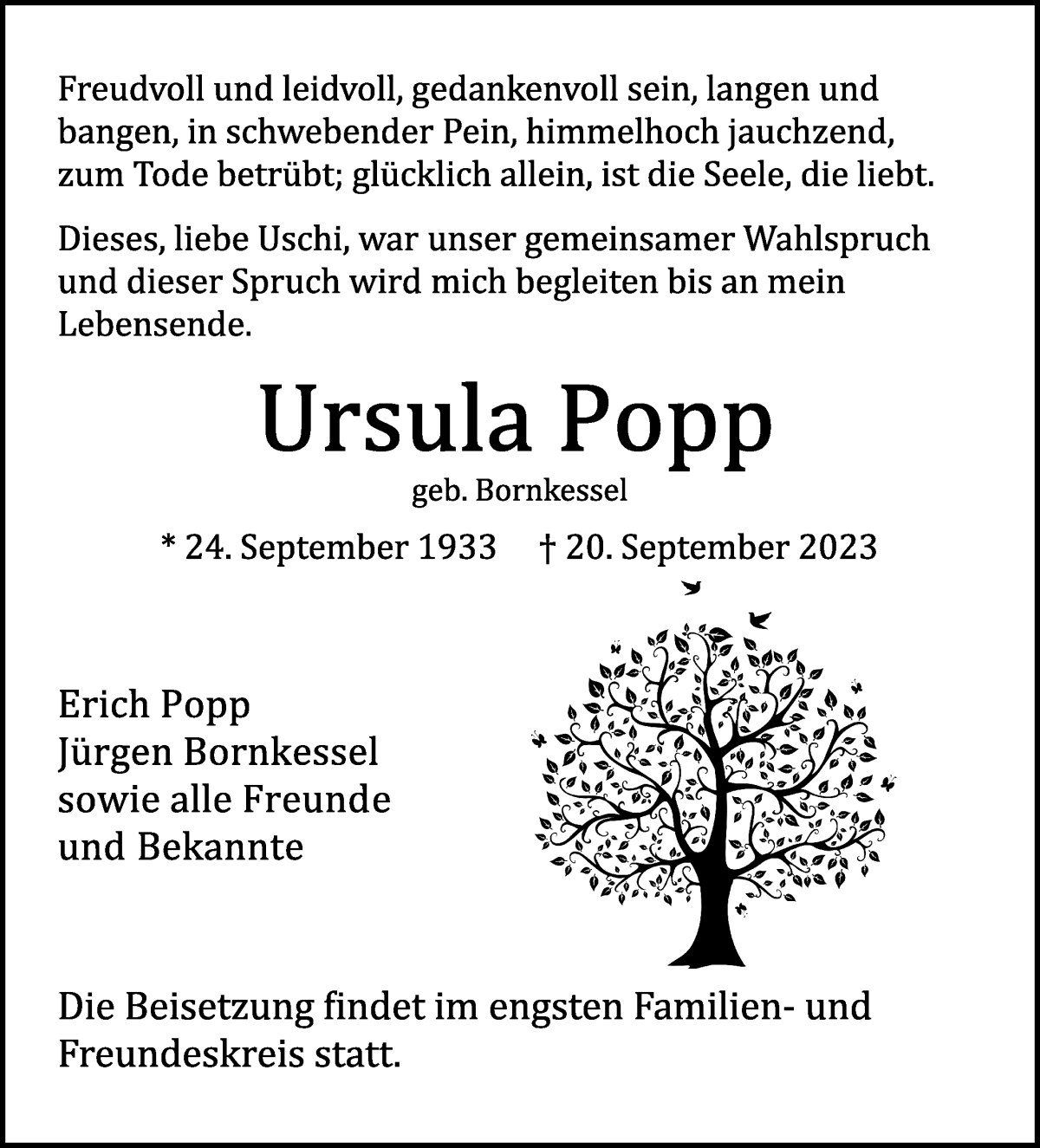 Traueranzeige von Ursula Popp von WESER-KURIER