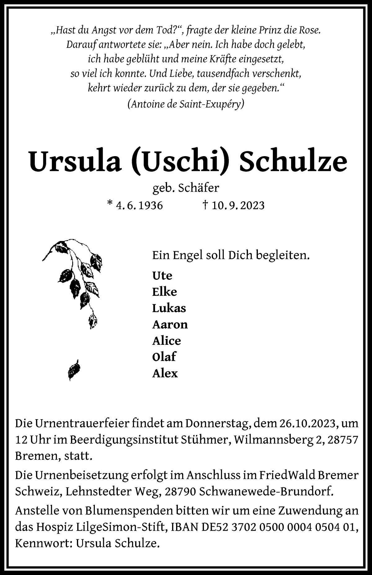 Traueranzeige von Ursula Schulze von Die Norddeutsche