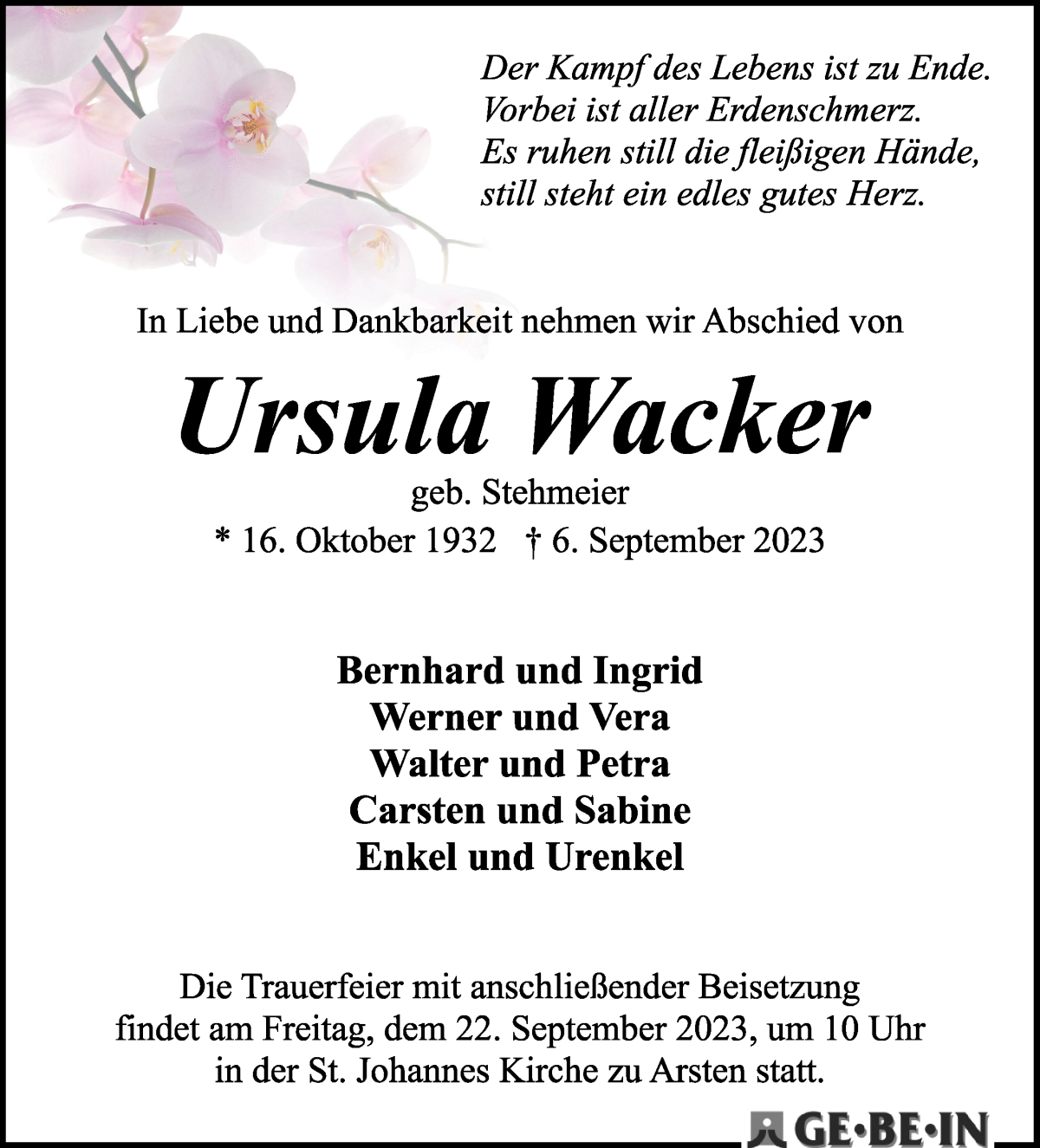 Traueranzeige von Ursula Wacker von WESER-KURIER