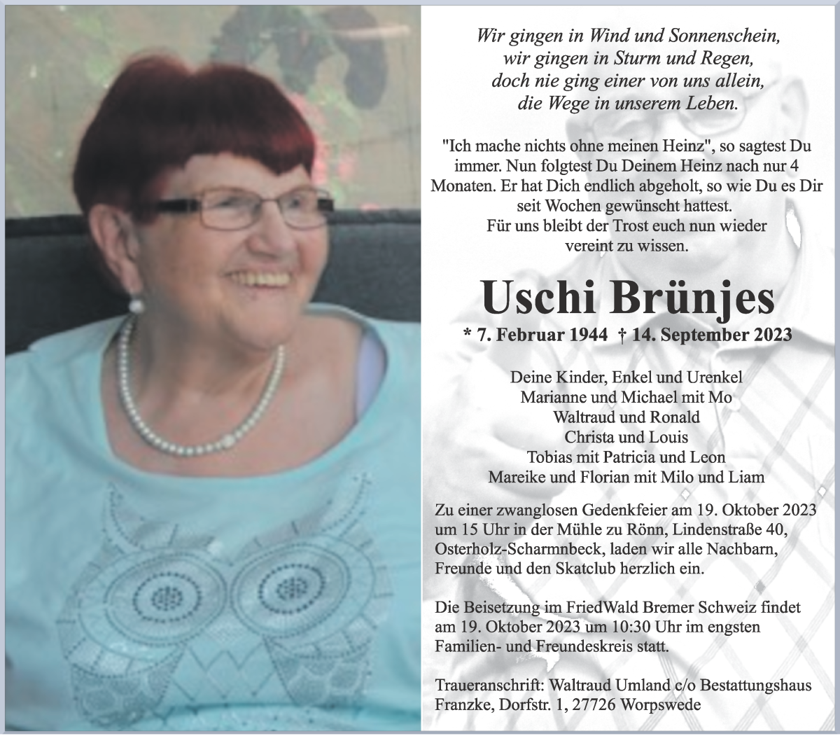 Traueranzeige von Uschi Brünjes von Wuemme Zeitung