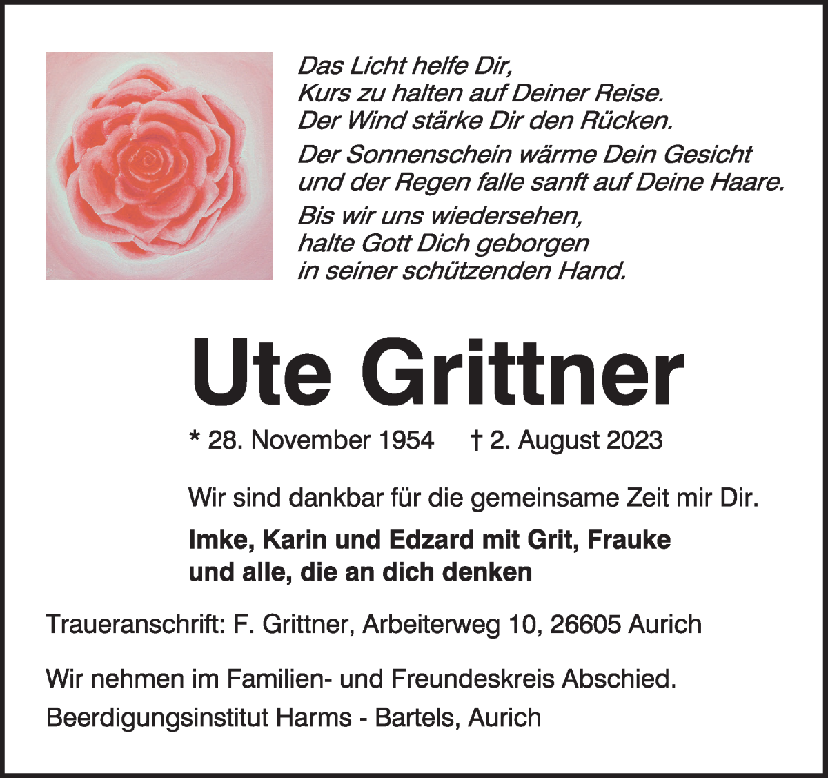 Traueranzeige von Ute Grittner von WESER-KURIER