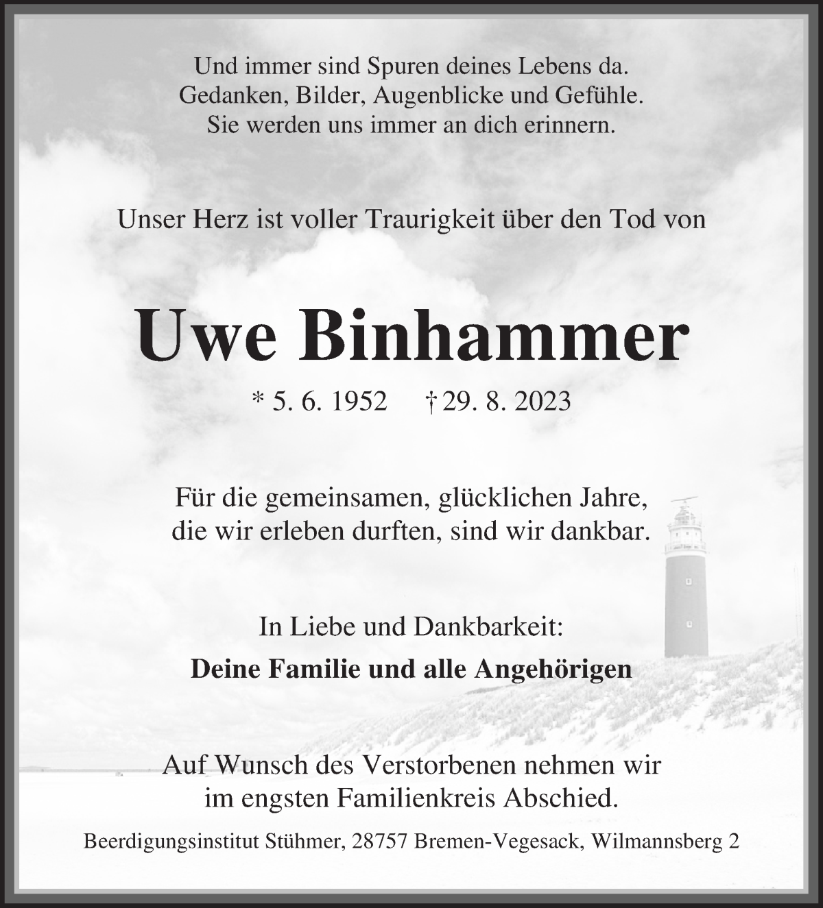 Traueranzeige von Uwe Binhammer von Osterholzer Kreisblatt