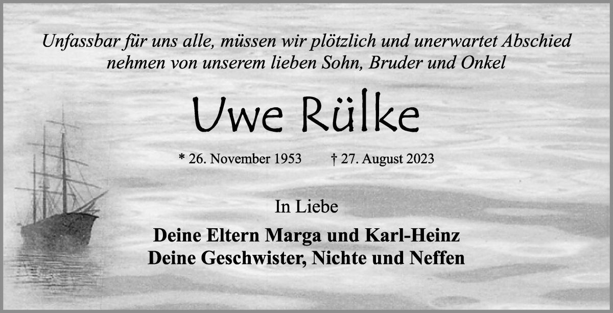 Traueranzeige von Uwe Rülke von Osterholzer Kreisblatt