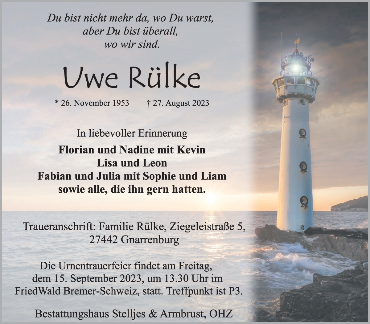 Traueranzeige von Uwe Rülke von Osterholzer Kreisblatt