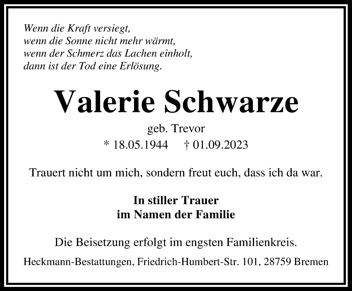 Traueranzeige von Valerie Schwarze von Die Norddeutsche