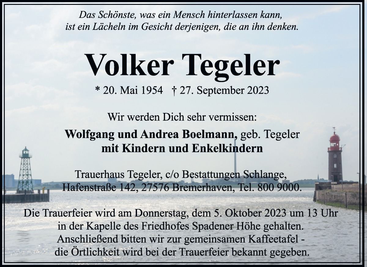 Traueranzeige von Volker Tegeler von WESER-KURIER