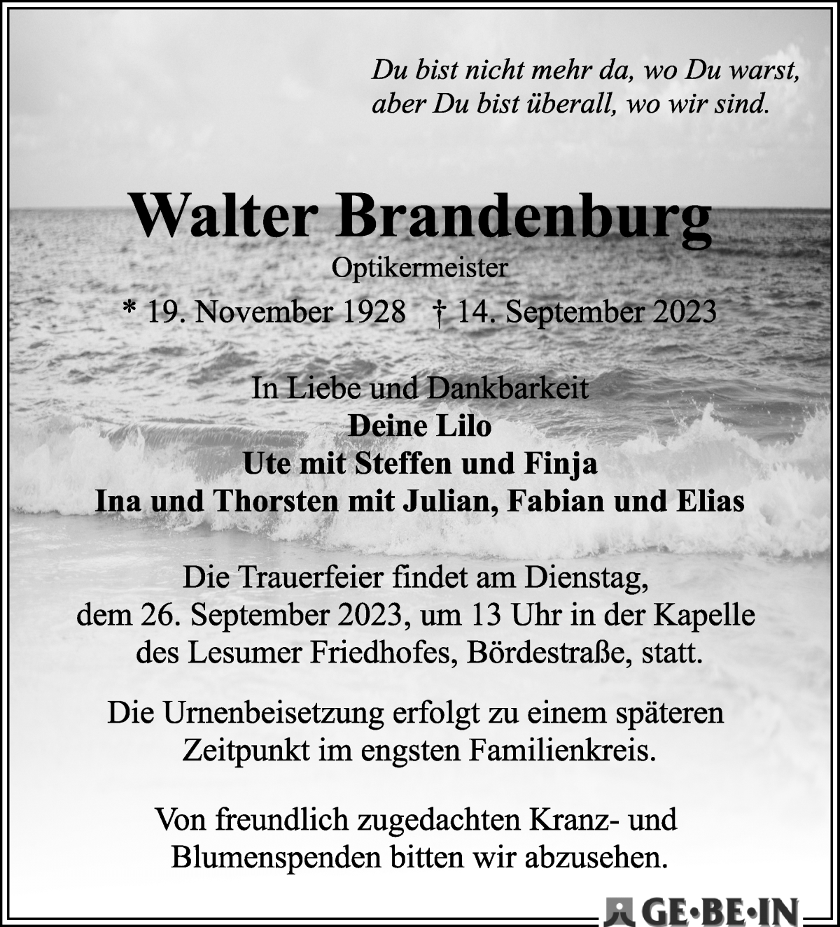 Traueranzeige von Walter Brandenburg von Die Norddeutsche
