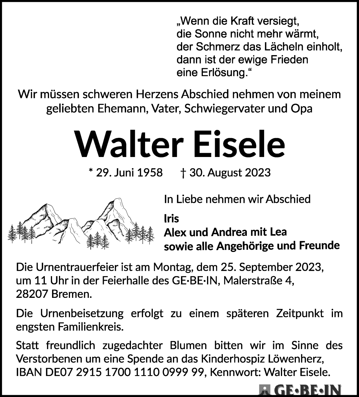 Traueranzeige von Walter Eisele von WESER-KURIER