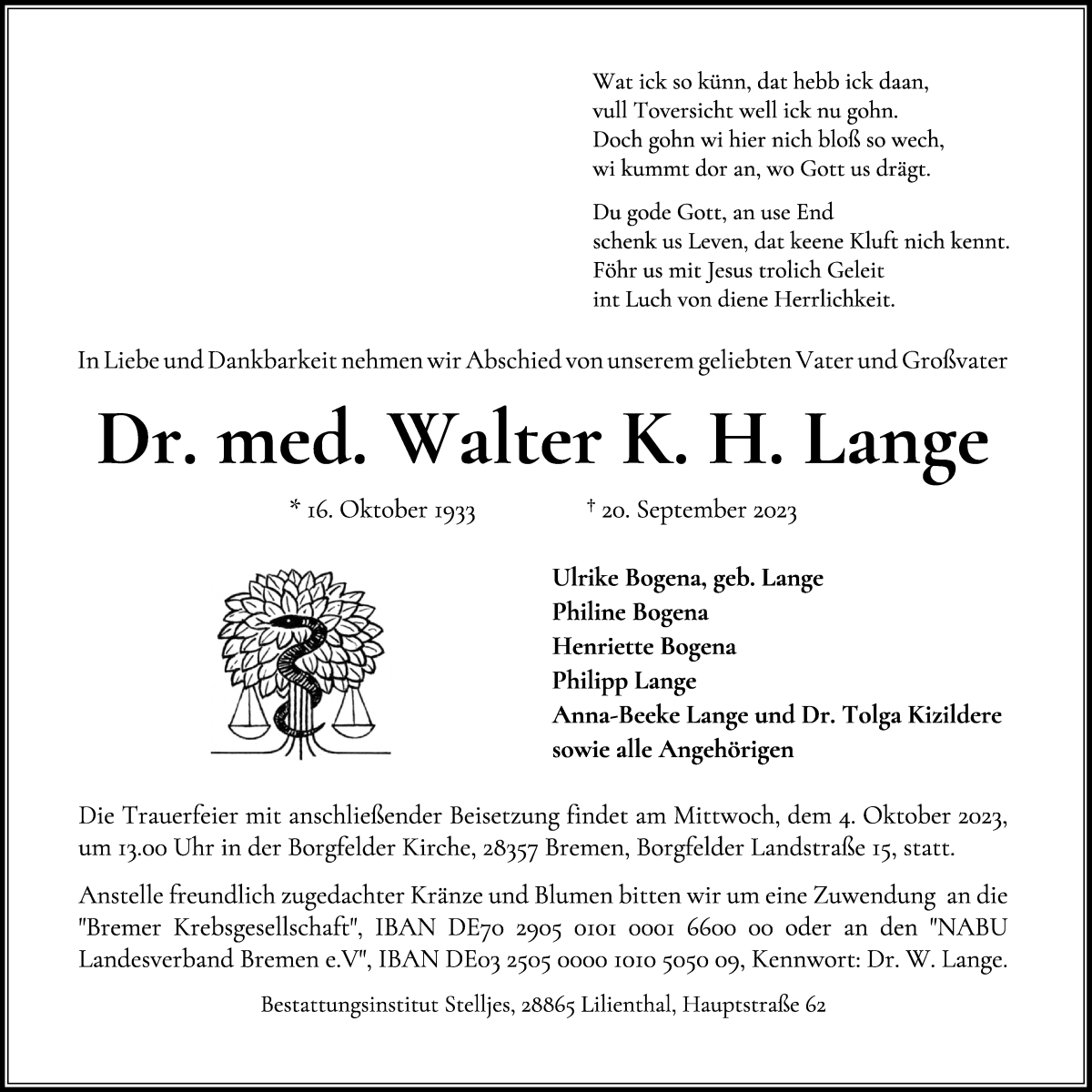 Traueranzeige von Walter K. H. Lange von Wuemme Zeitung