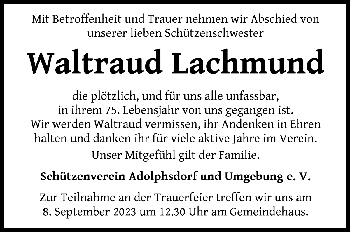 Traueranzeige von Waltraud Lachmund von Wuemme Zeitung