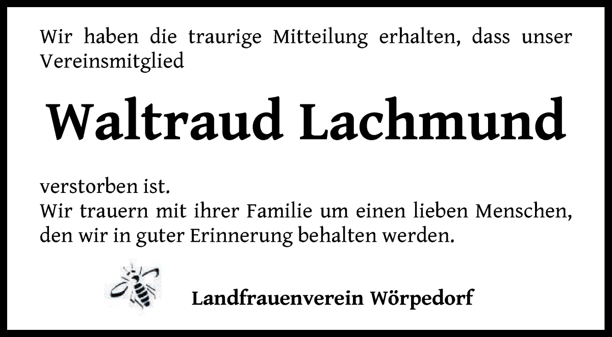 Traueranzeige von Waltraud Lachmund von Wuemme Zeitung