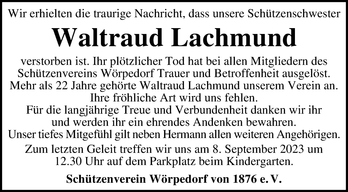 Traueranzeige von Waltraud Lachmund von Wuemme Zeitung
