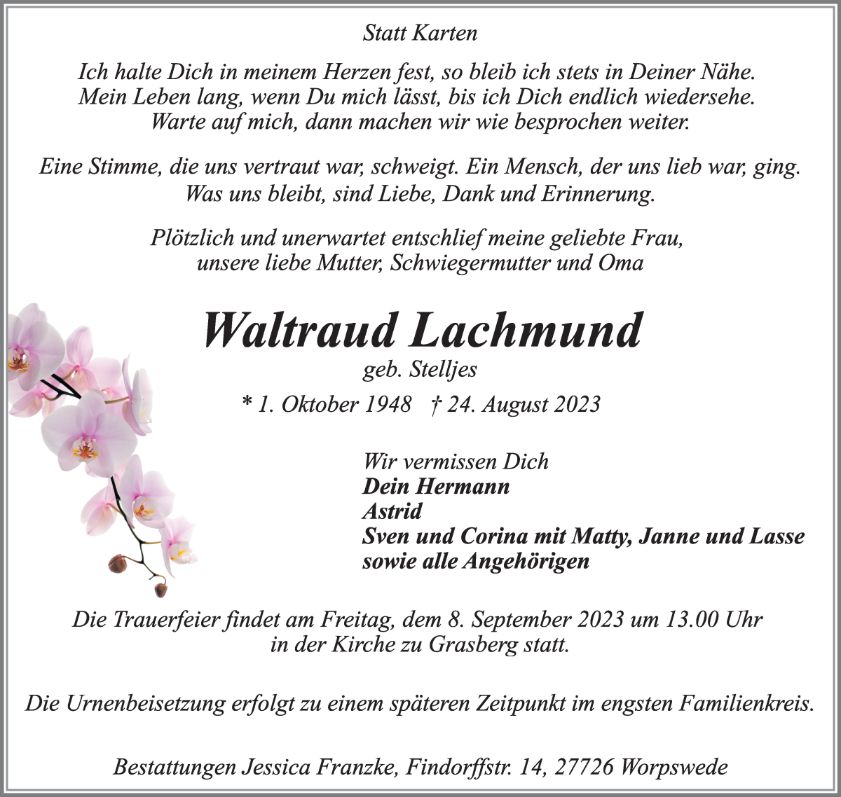 Traueranzeige von Waltraud Lachmund von Wuemme Zeitung