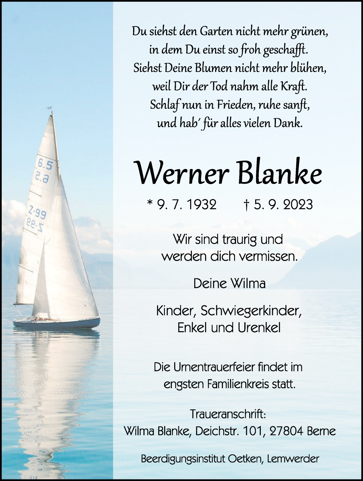 Traueranzeige von Werner Blanke von Die Norddeutsche