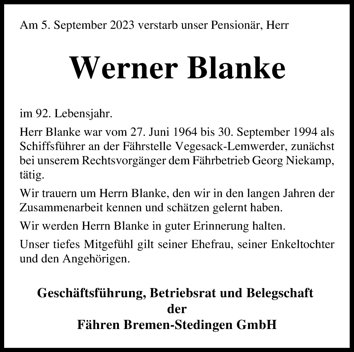 Traueranzeige von Werner Blanke von Die Norddeutsche