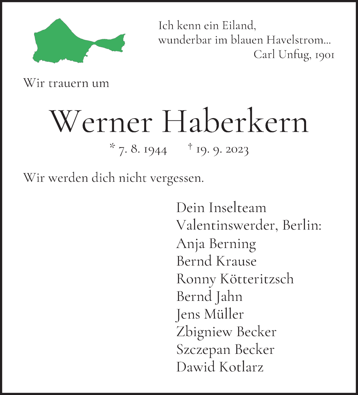 Traueranzeige von Werner Haberkern von WESER-KURIER