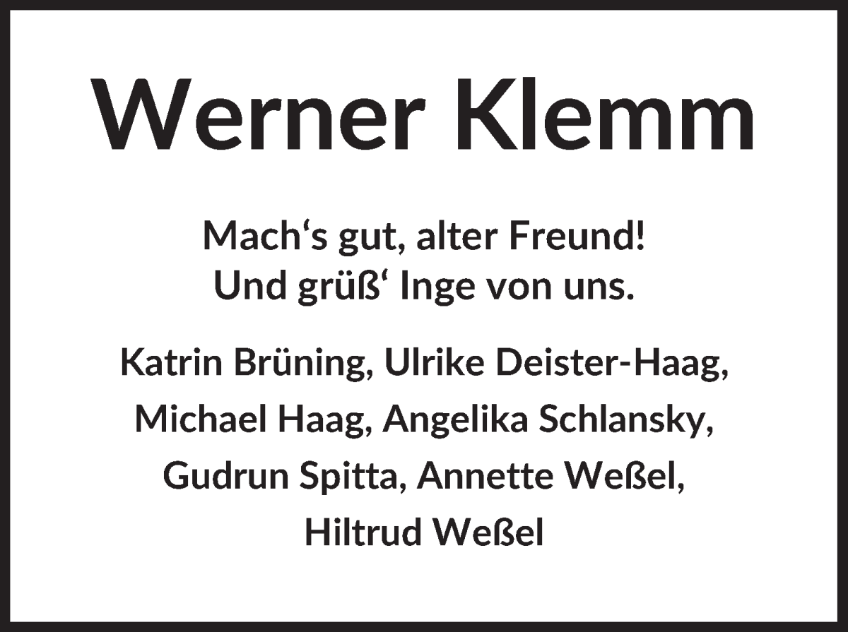 Traueranzeige von Werner Klemm von WESER-KURIER