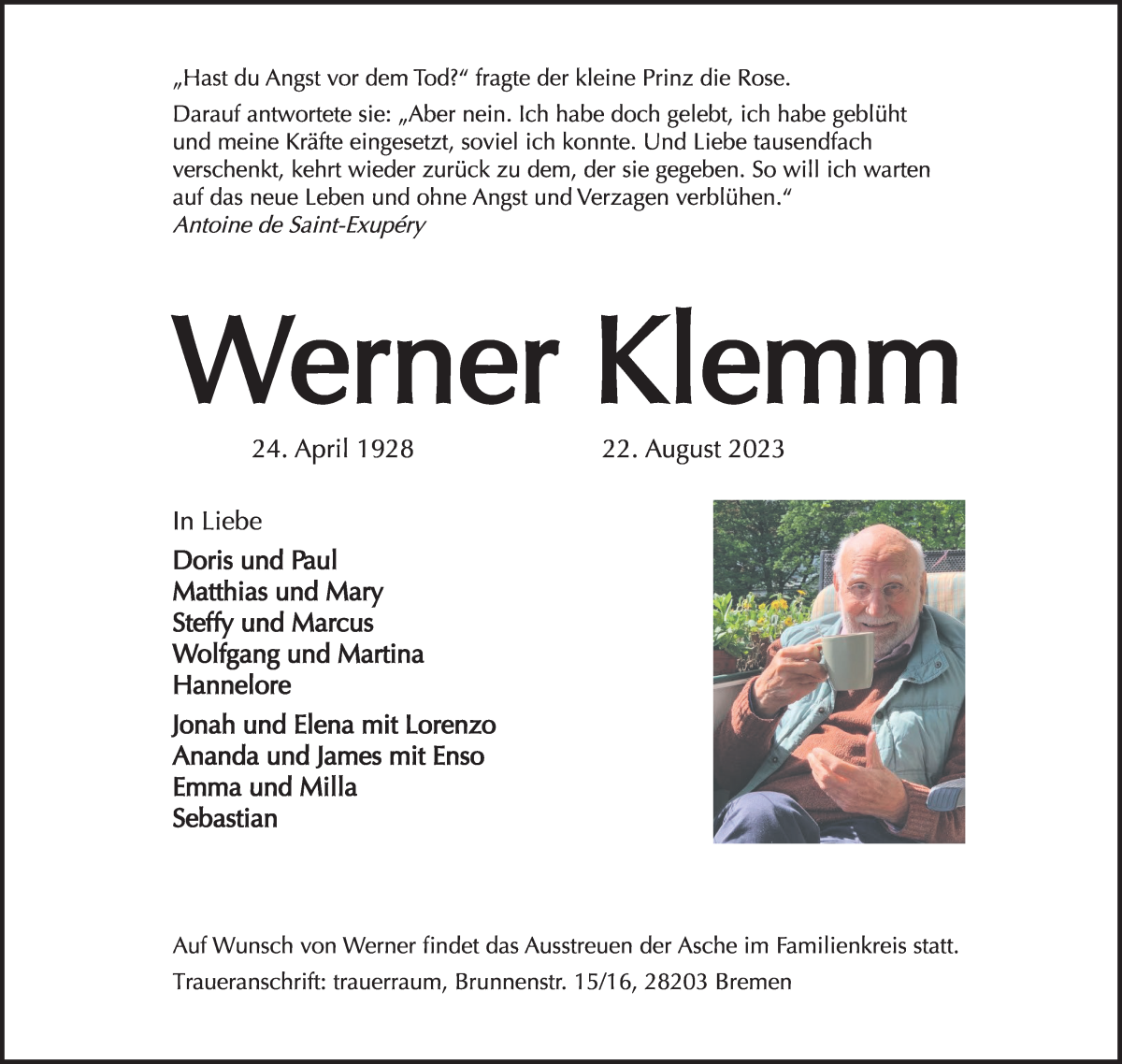 Traueranzeige von Werner Klemm von WESER-KURIER