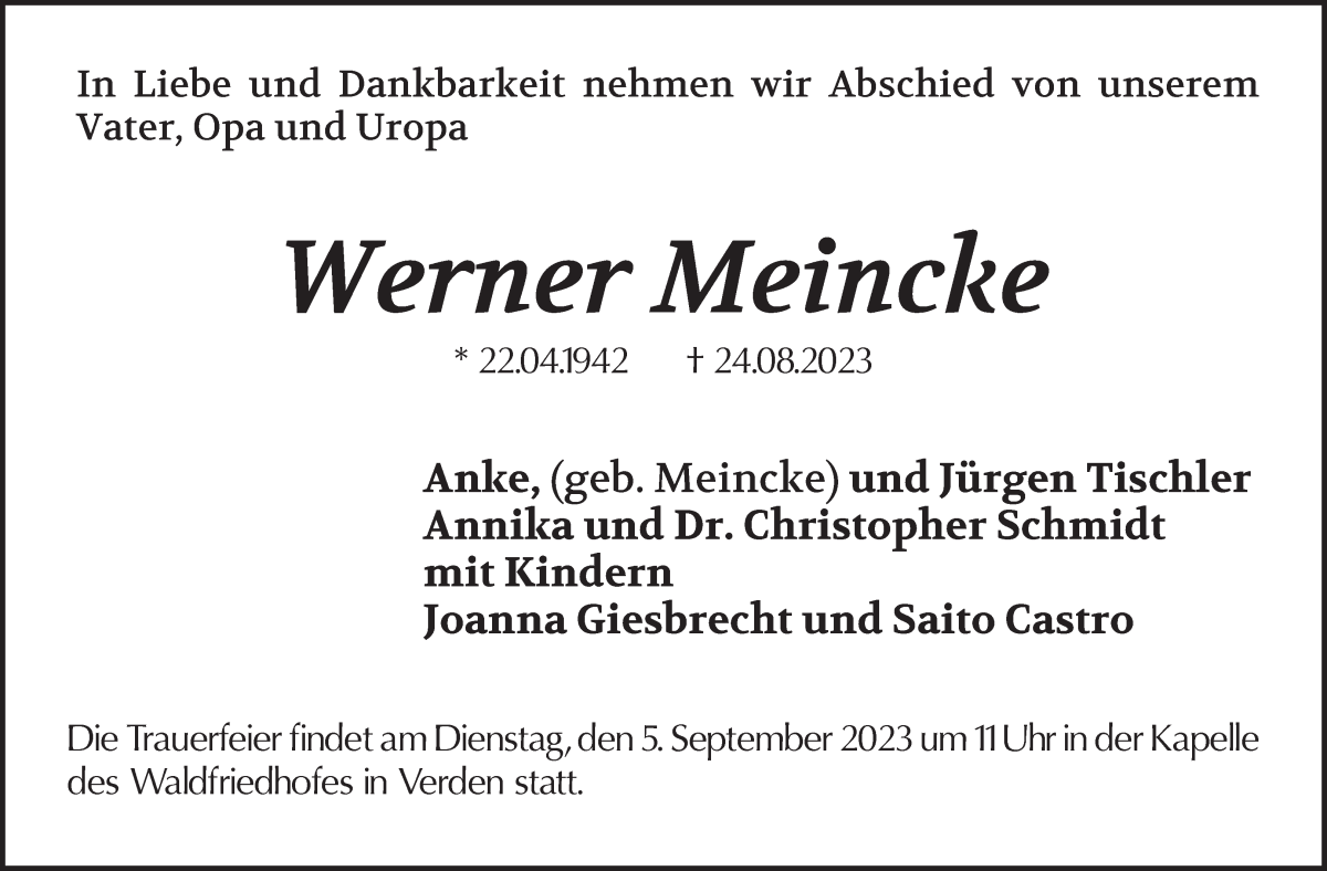 Traueranzeige von Werner Meincke von Achimer Kurier/Verdener Nachrichten