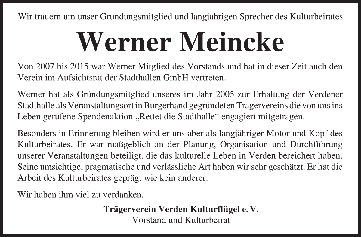 Traueranzeige von Werner Meincke von Achimer Kurier/Verdener Nachrichten