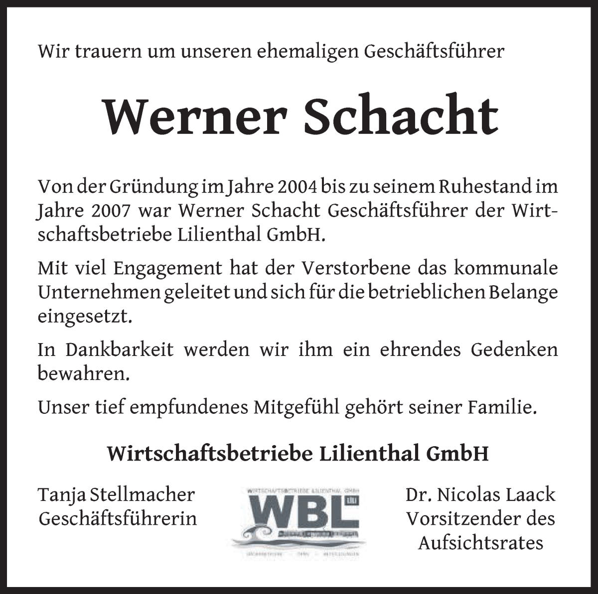 Traueranzeige von Werner Schacht von Wuemme Zeitung