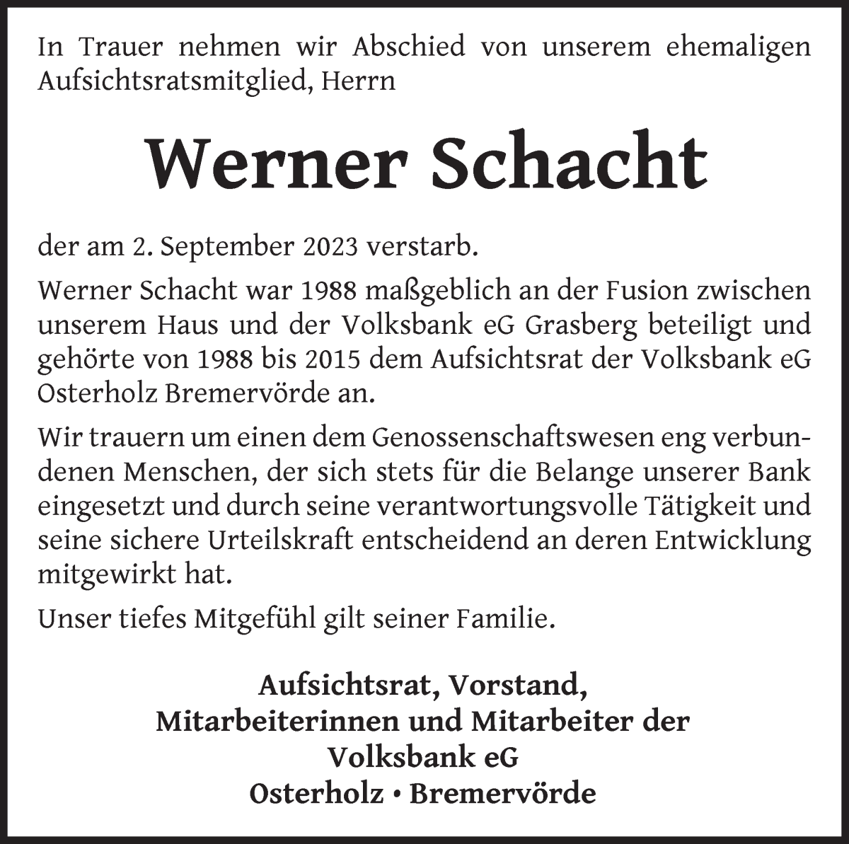 Traueranzeige von Werner Schacht von Wuemme Zeitung