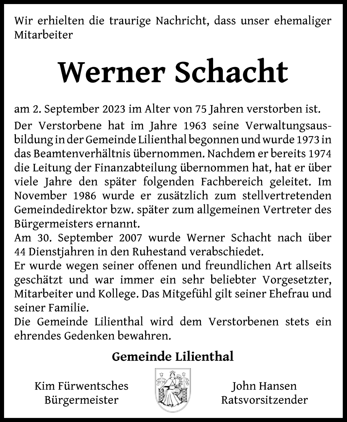 Traueranzeige von Werner Schacht von Wuemme Zeitung