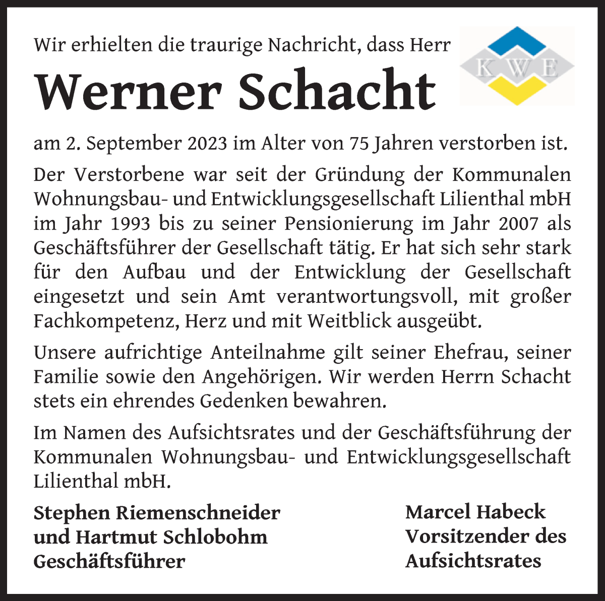 Traueranzeige von Werner Schacht von Wuemme Zeitung