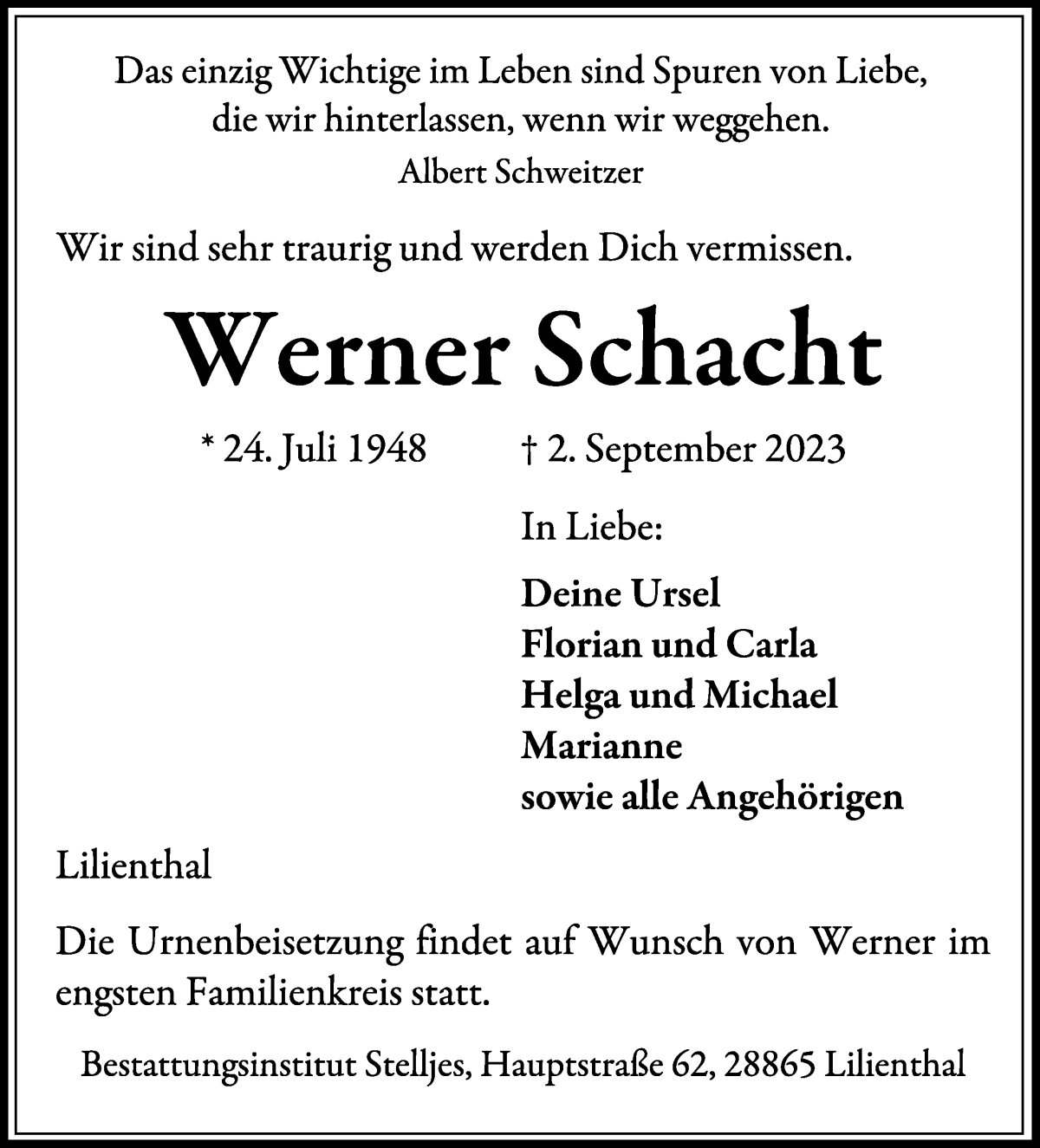 Traueranzeige von Werner Schacht von Wuemme Zeitung