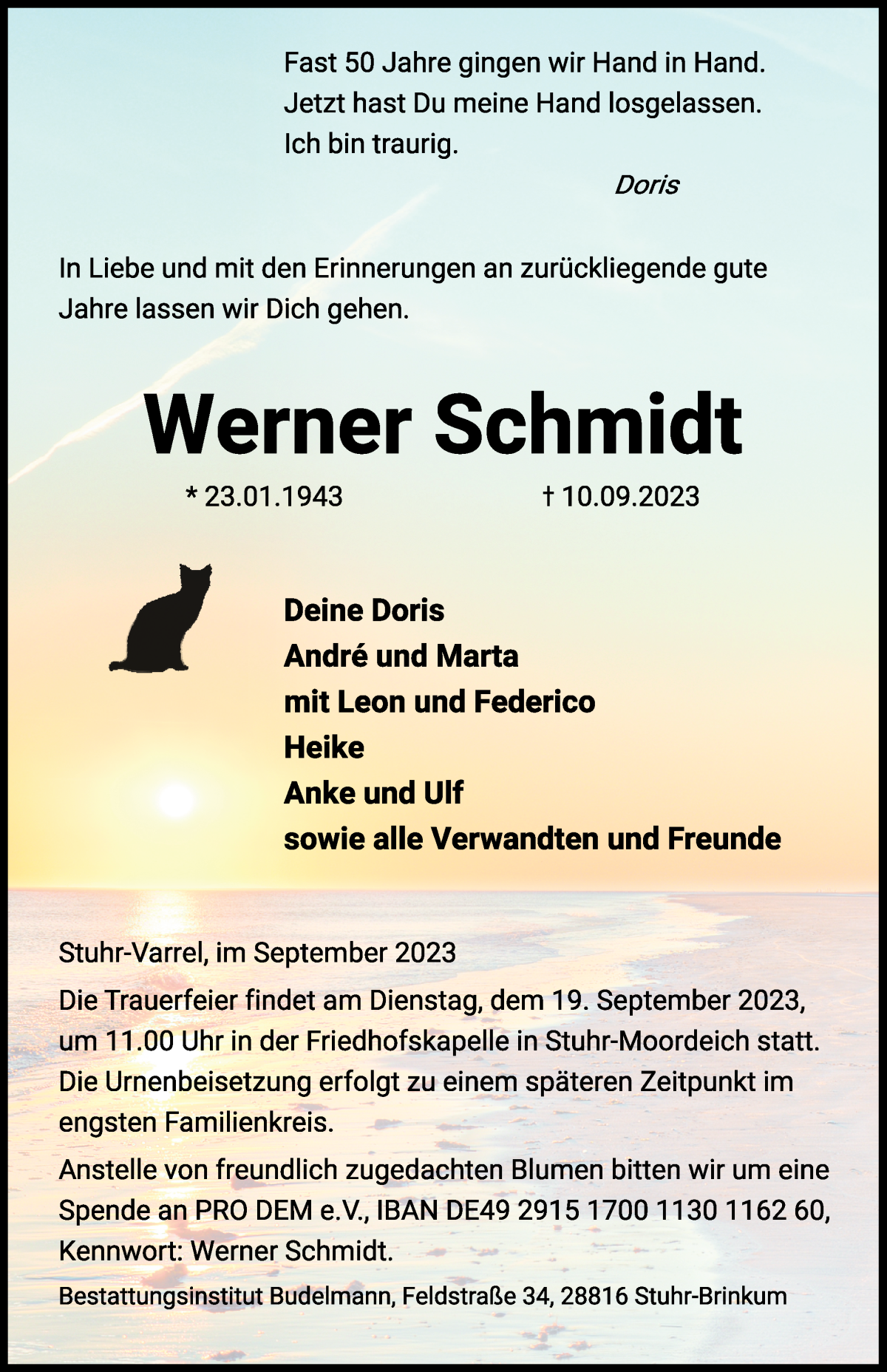 Traueranzeige von Werner Schmidt von Regionale Rundschau/Syker Kurier
