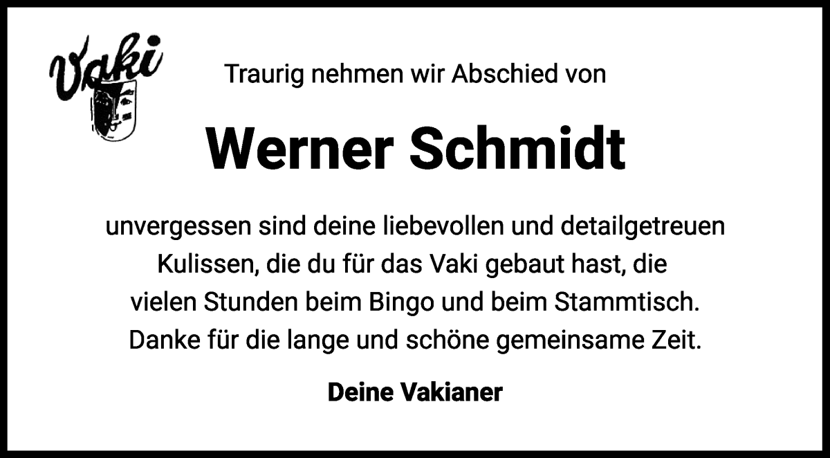 Traueranzeige von Werner Schmidt von Regionale Rundschau/Syker Kurier