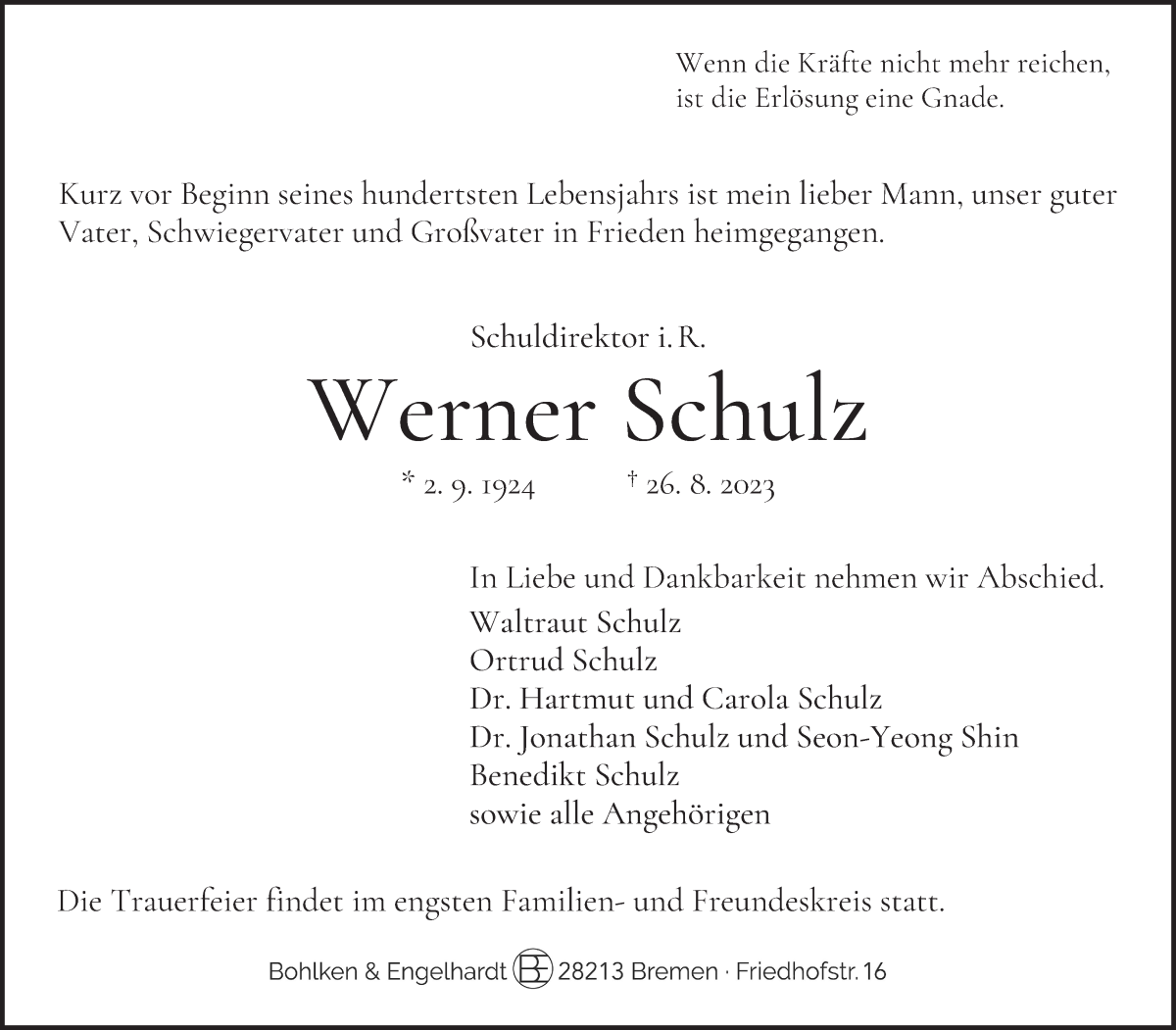 Traueranzeige von Werner Schulz von WESER-KURIER
