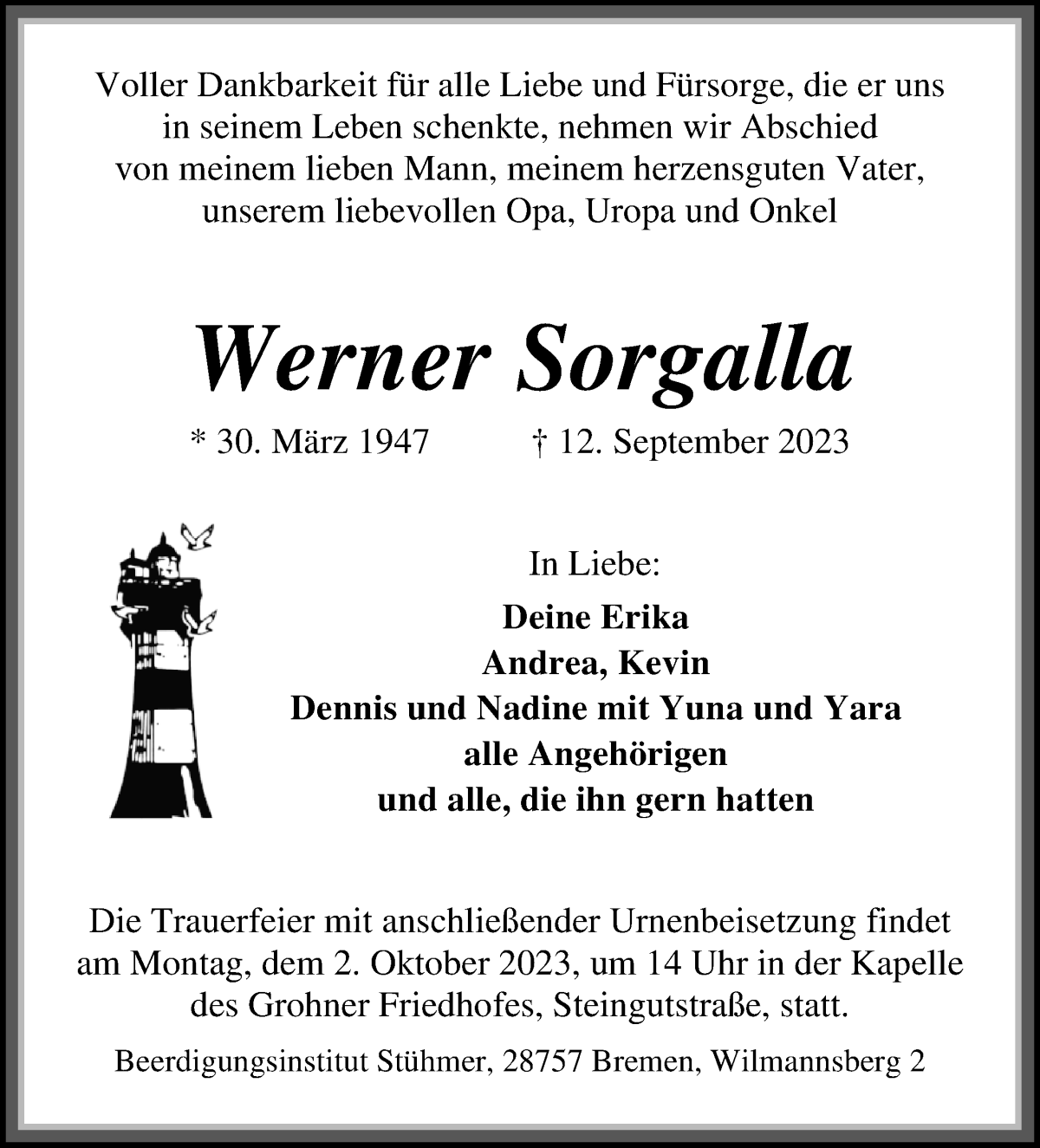 Traueranzeige von Werner Sorggalla von Die Norddeutsche